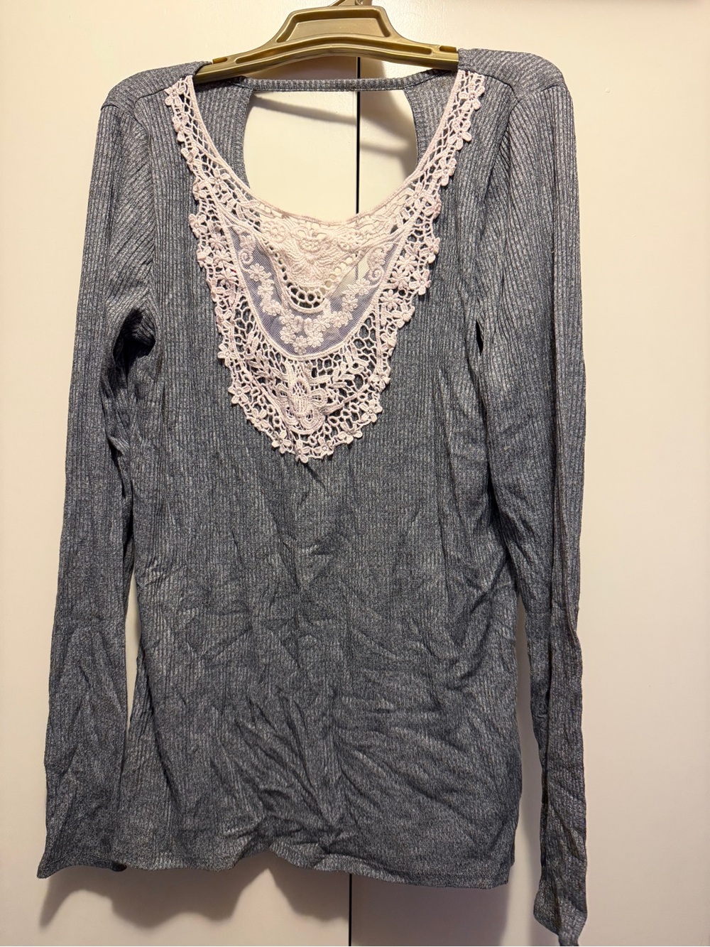 Hollister Heather Gray Ribbed Long-Sleeve Top with Cream Lace V-Inset